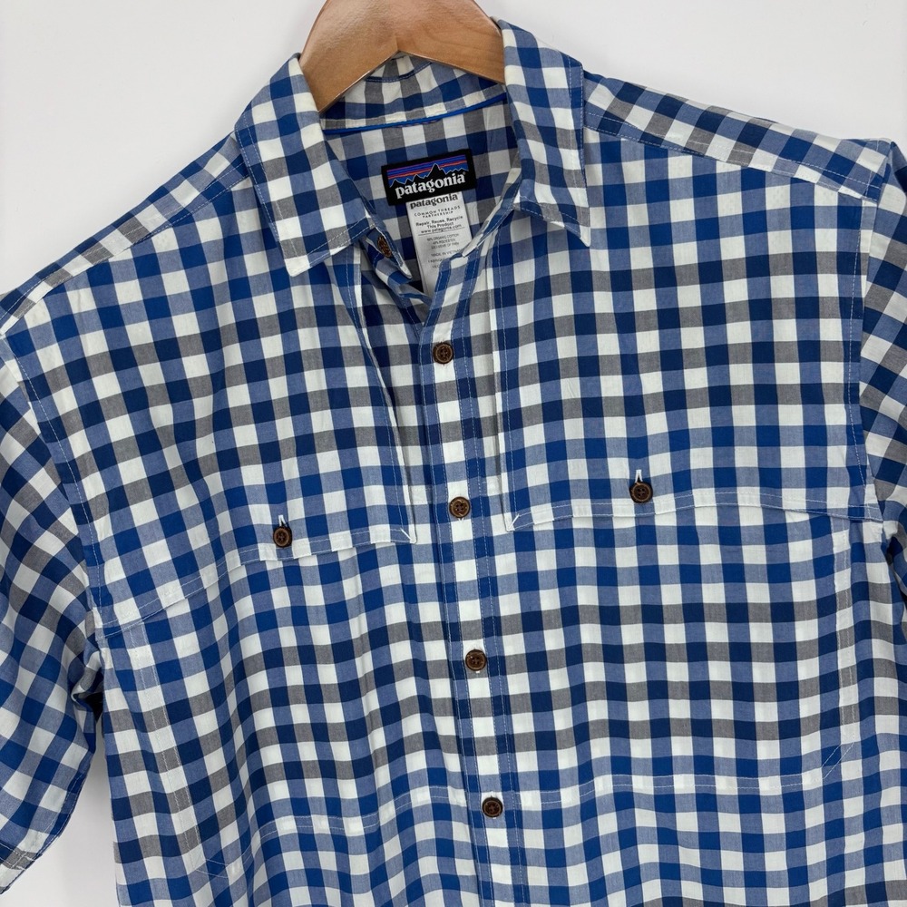 Patagonia Island Hopper 2 Shirt Mens L Blue Gingham Plaid Short Sleeve Hiking
